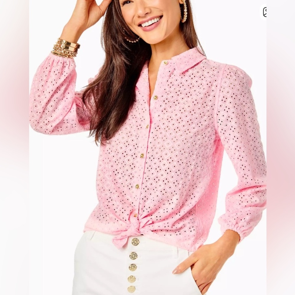 Lilly Pulitzer Sea Breeze Eyelet Button Down Top Pink Blossom Size XS